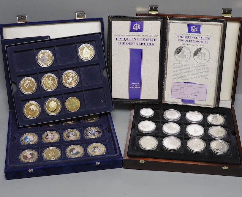 A cased collection of 15 Queen Elizabeth the Queen Mother 1994 proof silver coins, three QEII proof silver coins, Westminster Mint British Heroes crowns and 12 Queen Elizabeth II Coronation Jubilee coins
